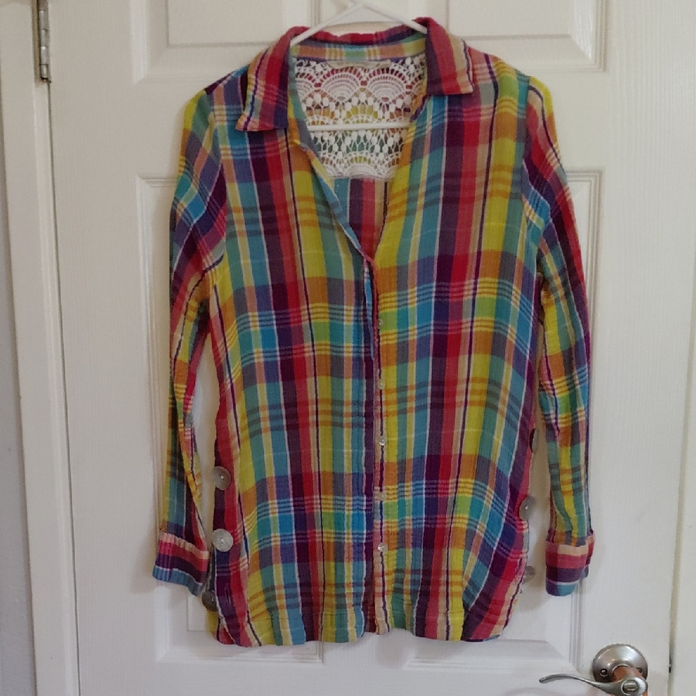 Soft Surroundings Multicolor Plaid Top with Lace Detail